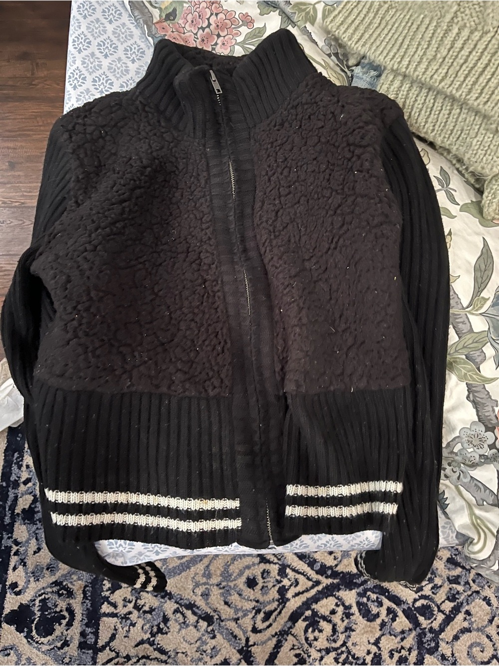 Ten Sixty Sherman Black Sherpa Zip Cardigan with Stripe Detail